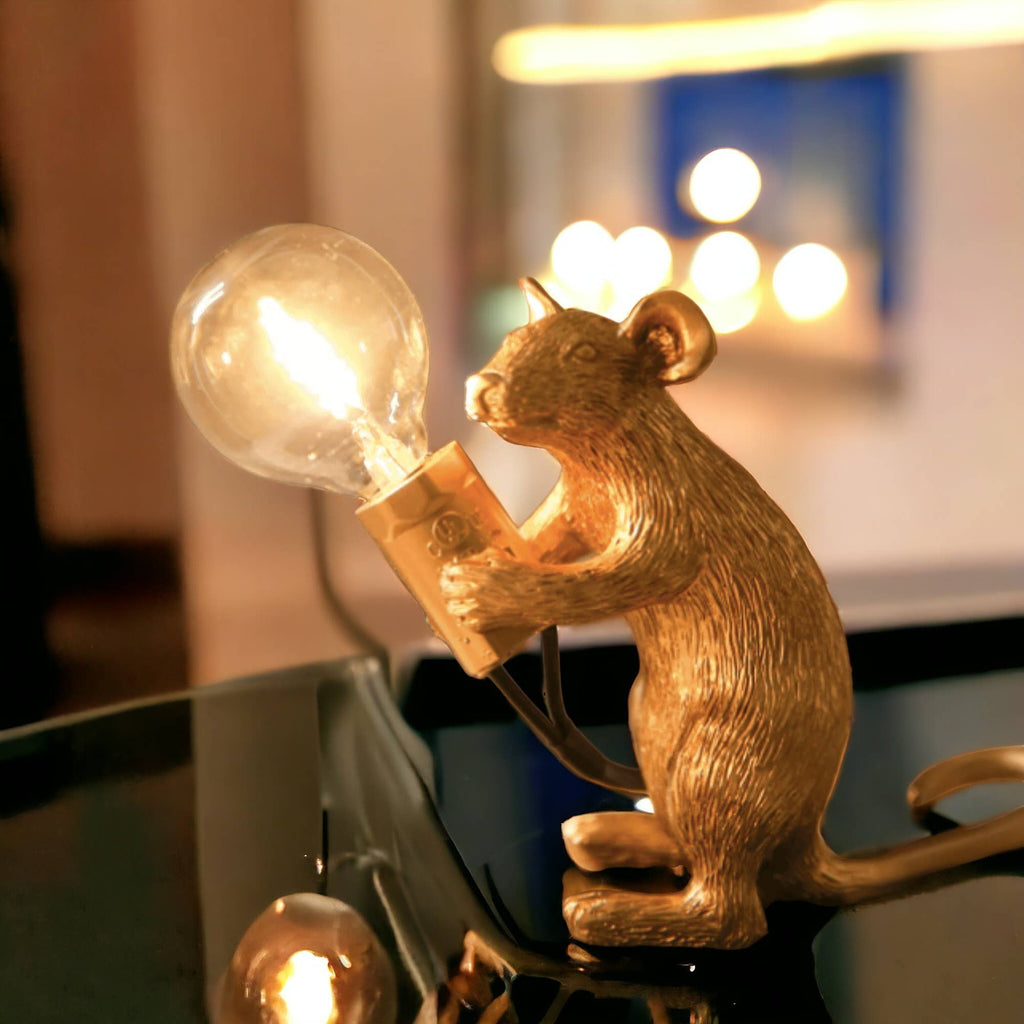 Veilleuse Souris Dorée | Lampe de Table en Résine