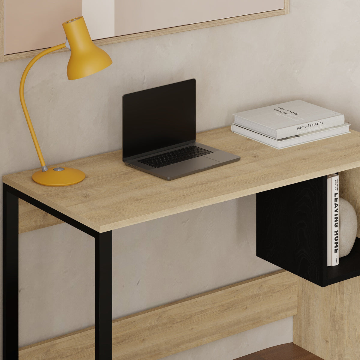 Table de travail modèle 4 avec 1 étagère carrée – Chêne – Bois noir