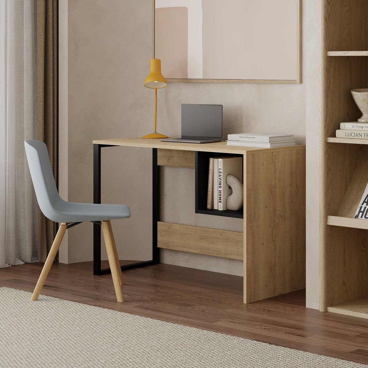 Table de travail modèle 4 avec 1 étagère carrée – Chêne – Bois noir