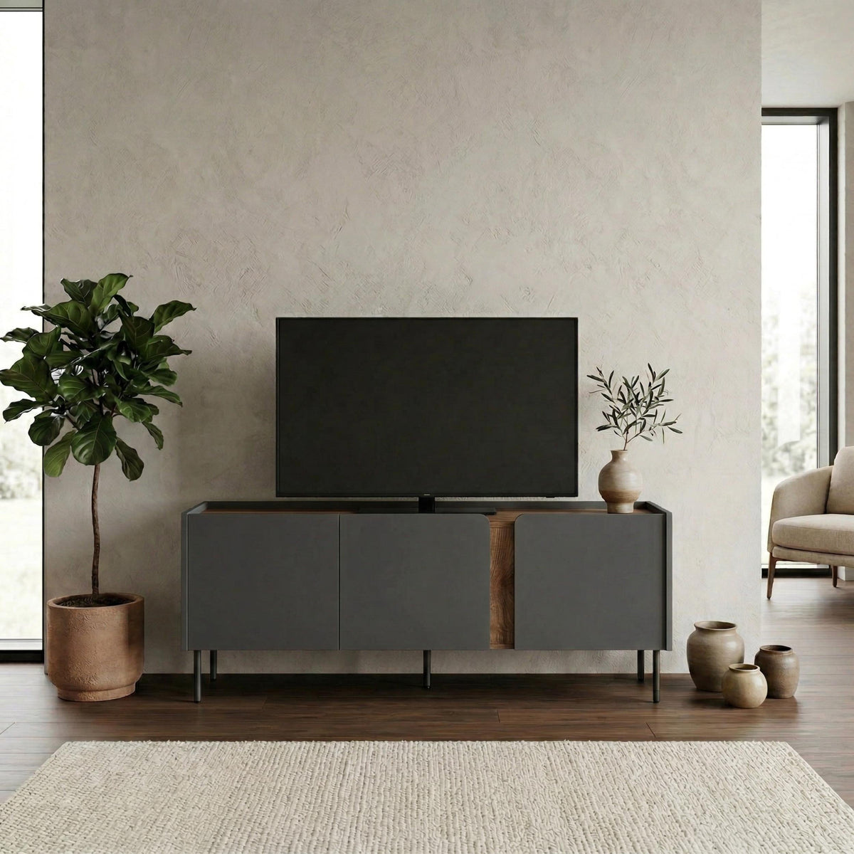Meuble TV Norm 3 portes Chêne naturel-Grès 140 cm