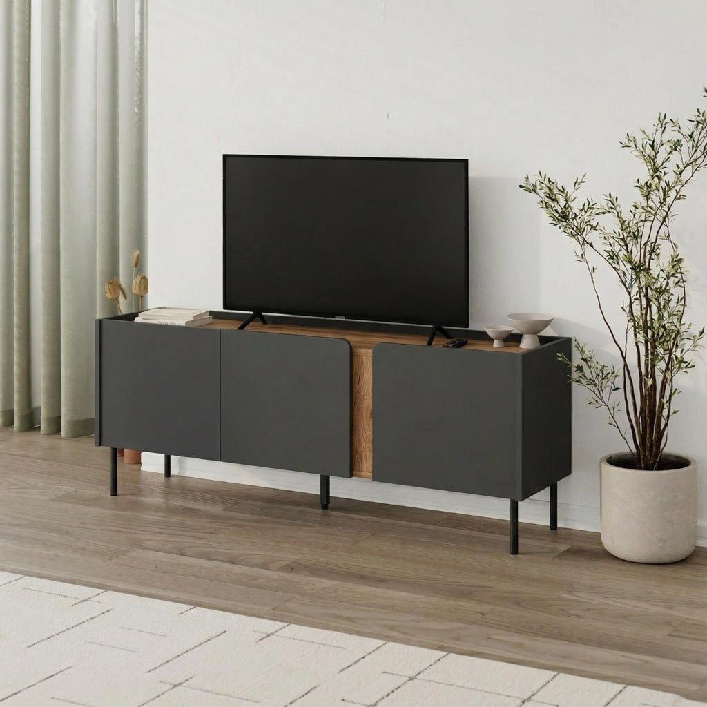 Meuble TV Norm 3 portes Chêne naturel-Grès 140 cm