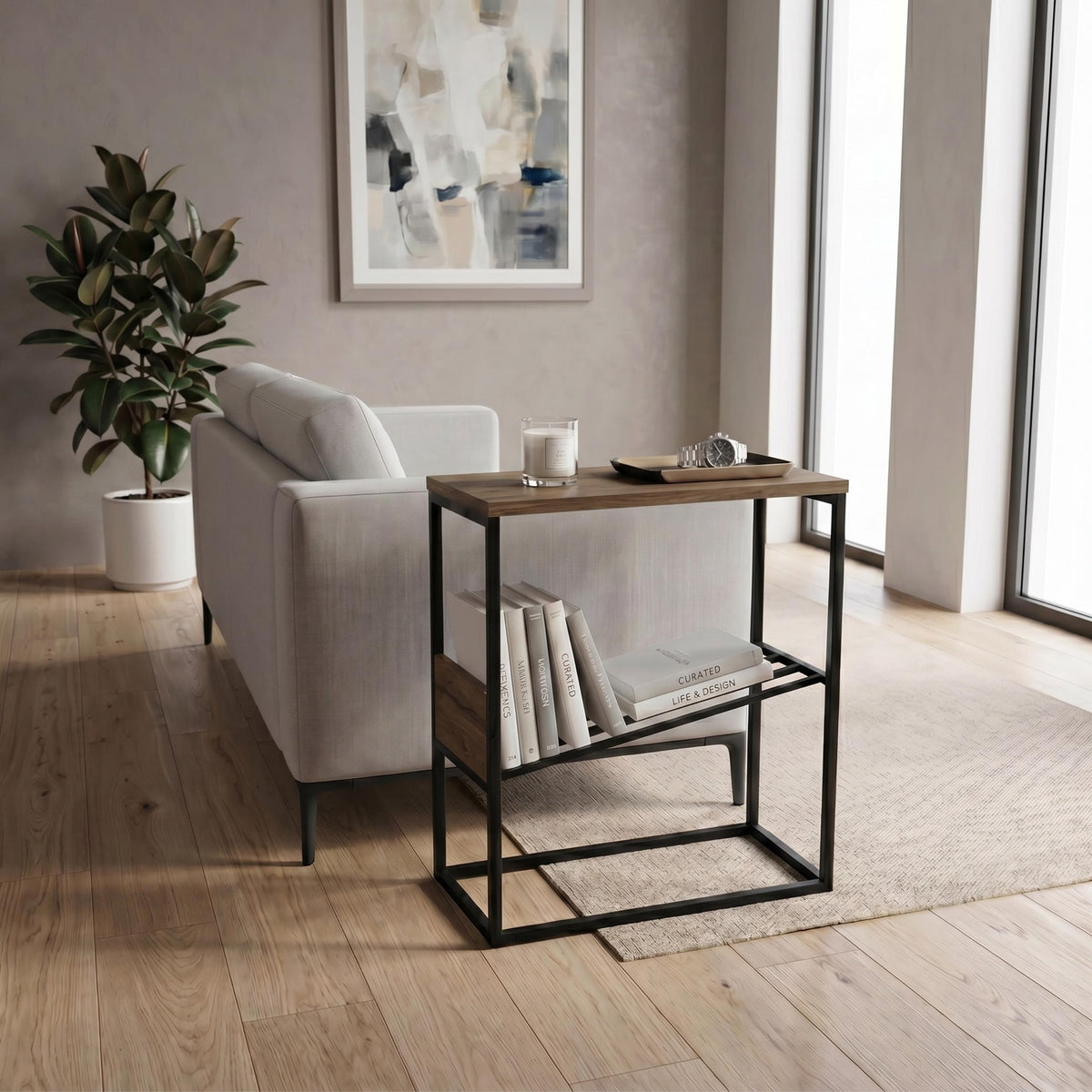 Table d'appoint moderne Tenol avec étagère inclinée en métal