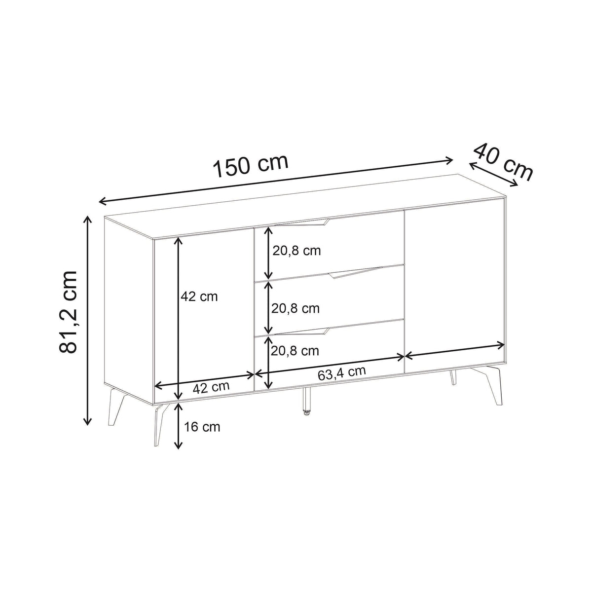 Console bahut Jaden 3 tiroirs 2 portes Sandstone 150 x 40 x 81,2 cm