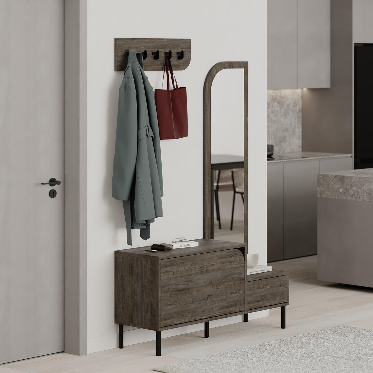 Meuble d'entrée Mila 3-en-1 avec miroir et range-chaussures