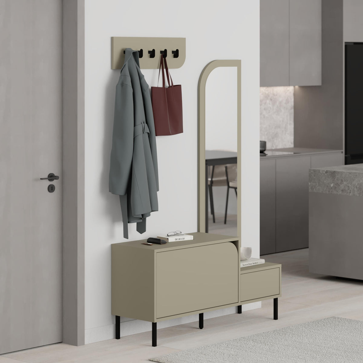 Meuble d'entrée Mila 3-en-1 avec miroir et range-chaussures