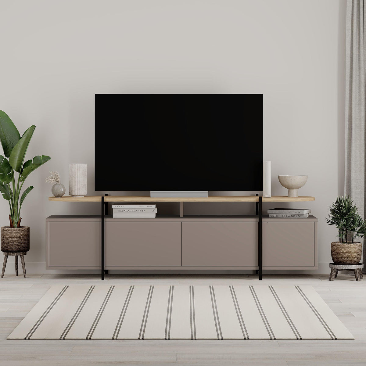 Meuble TV moderne Hanley avec centre multimédia et armoire de rangement 160 cm