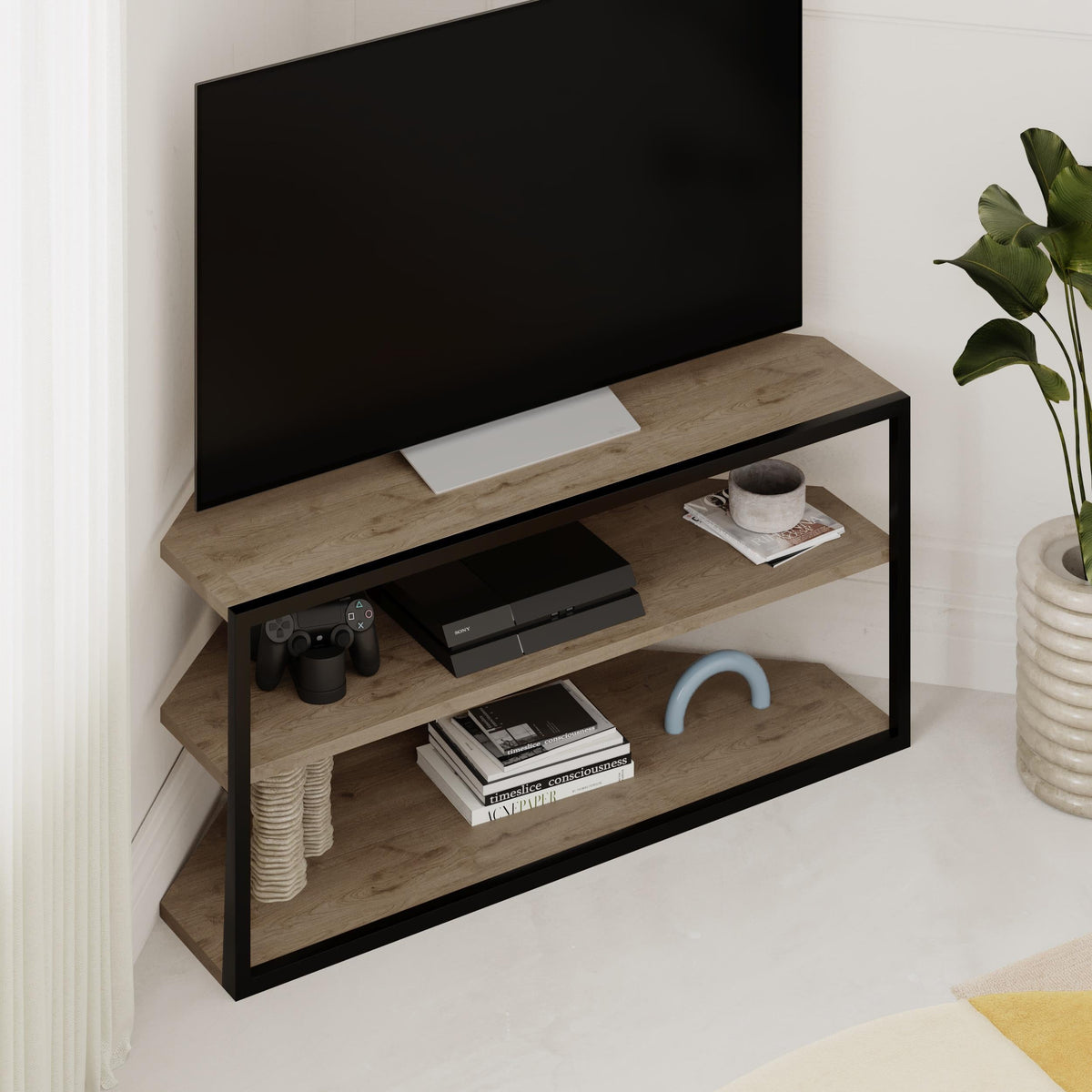 Meuble TV d'angle Echo – Unité d'angle compacte pour téléviseurs avec étagères de rangement pour salons ou appartements