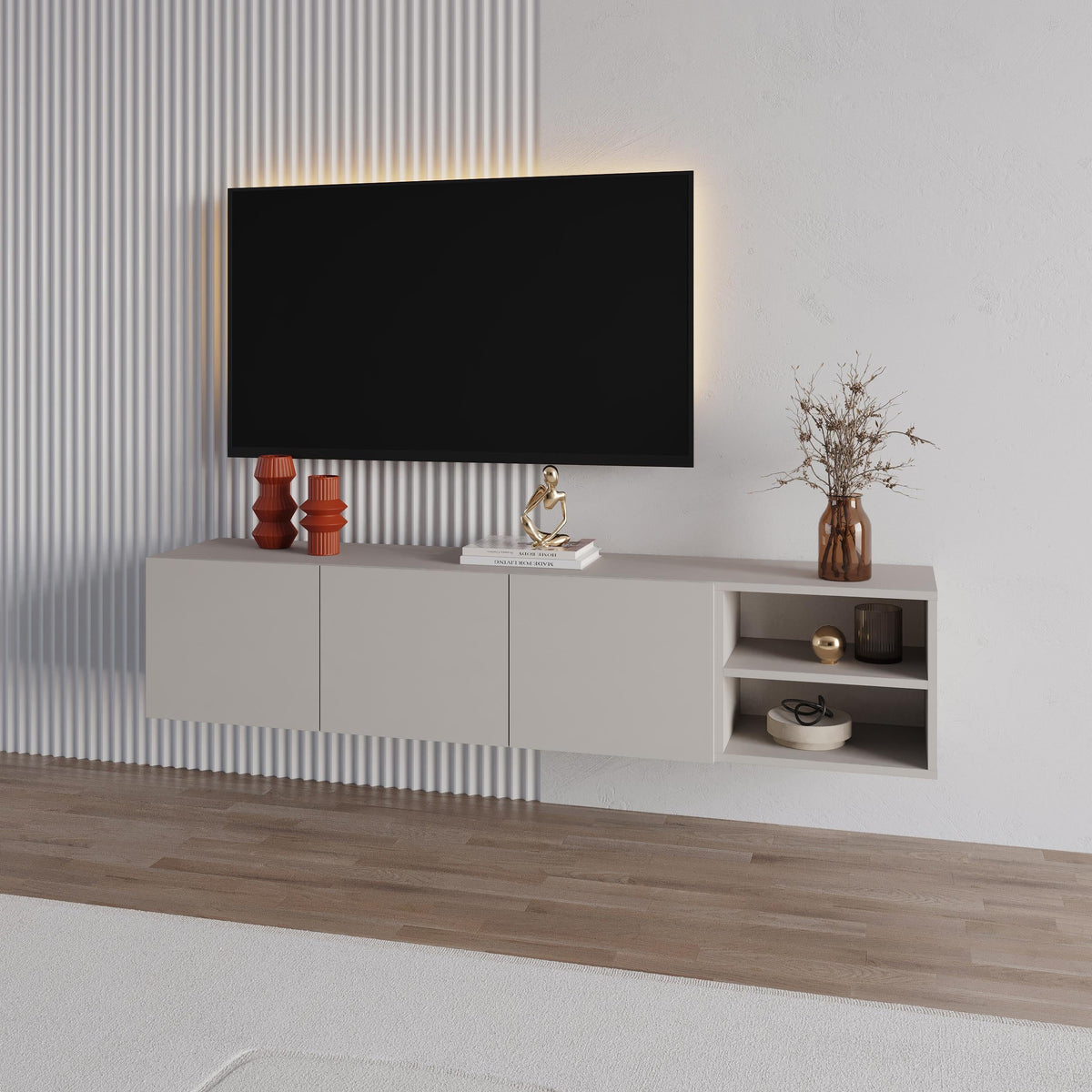 Meuble TV Conrad – 180 cm – 3 portes à fermeture amortie, centre de divertissement mural