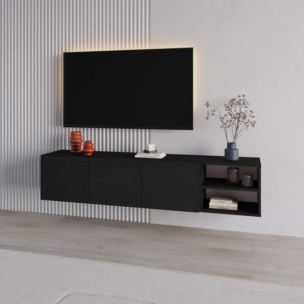 Meuble TV Conrad – 180 cm – 3 portes à fermeture amortie, centre de divertissement mural
