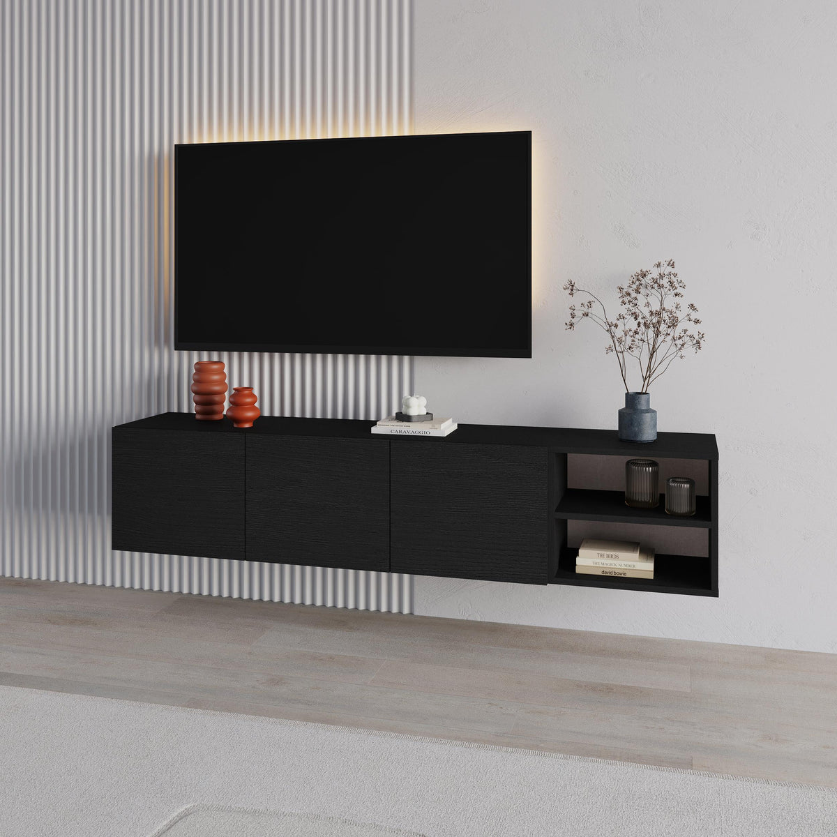 Meuble TV Conrad – 180 cm – 3 portes à fermeture amortie, centre de divertissement mural