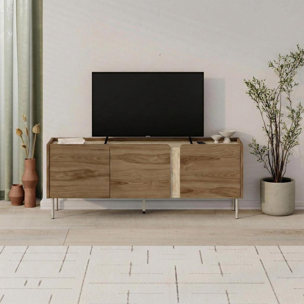 Meuble TV Norm 3 portes Chêne naturel-Grès 140 cm