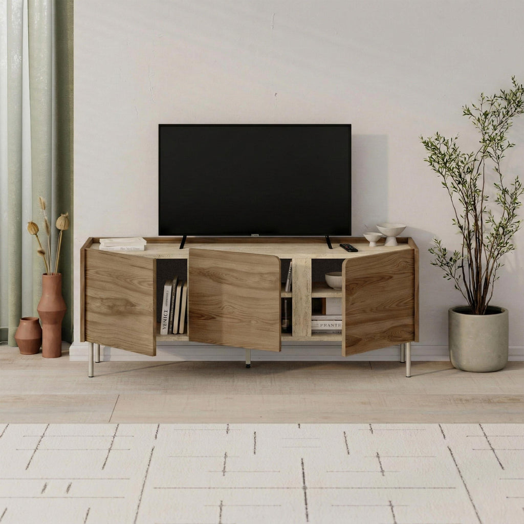 Meuble TV Norm 3 portes Chêne naturel-Grès 140 cm