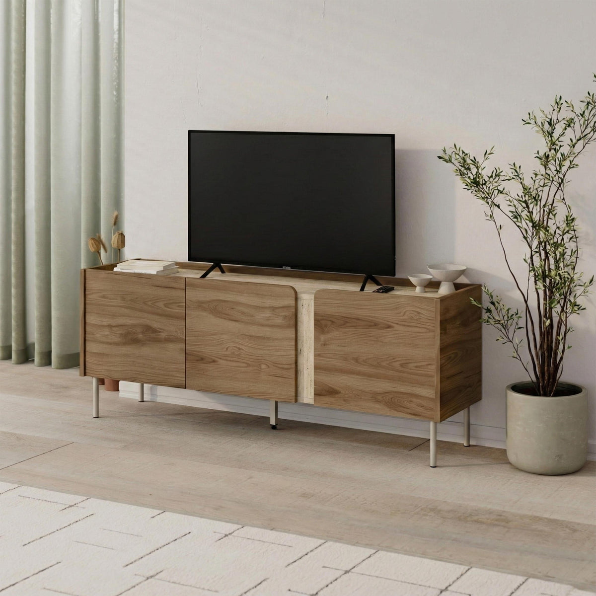 Meuble TV Norm 3 portes Chêne naturel-Grès 140 cm