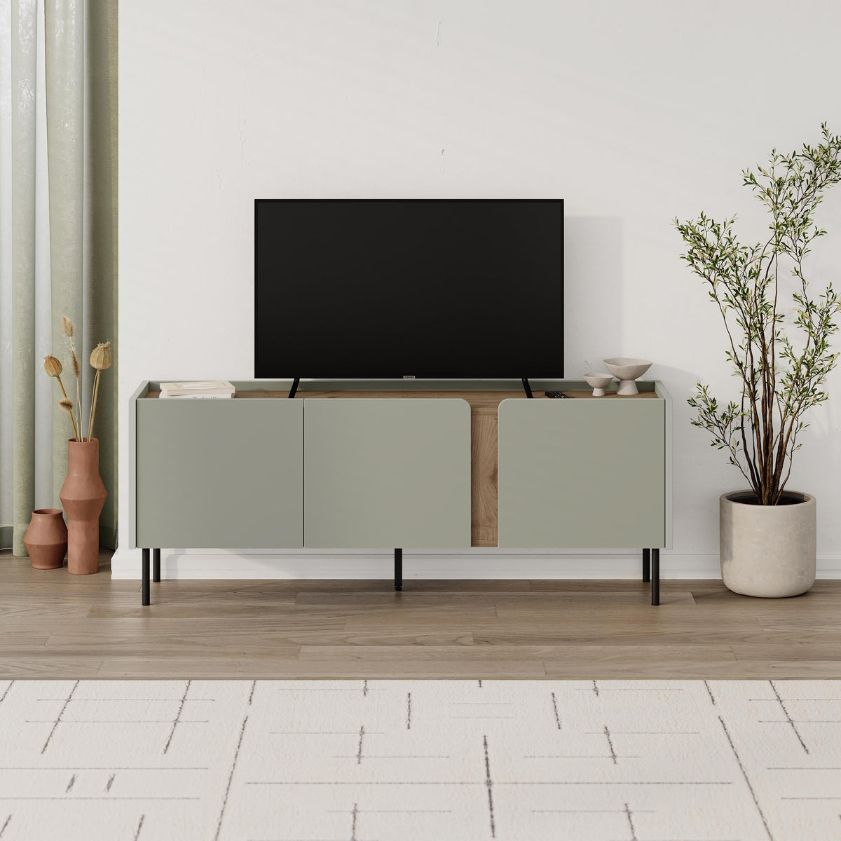 Meuble TV Norm 3 portes Chêne naturel-Grès 140 cm