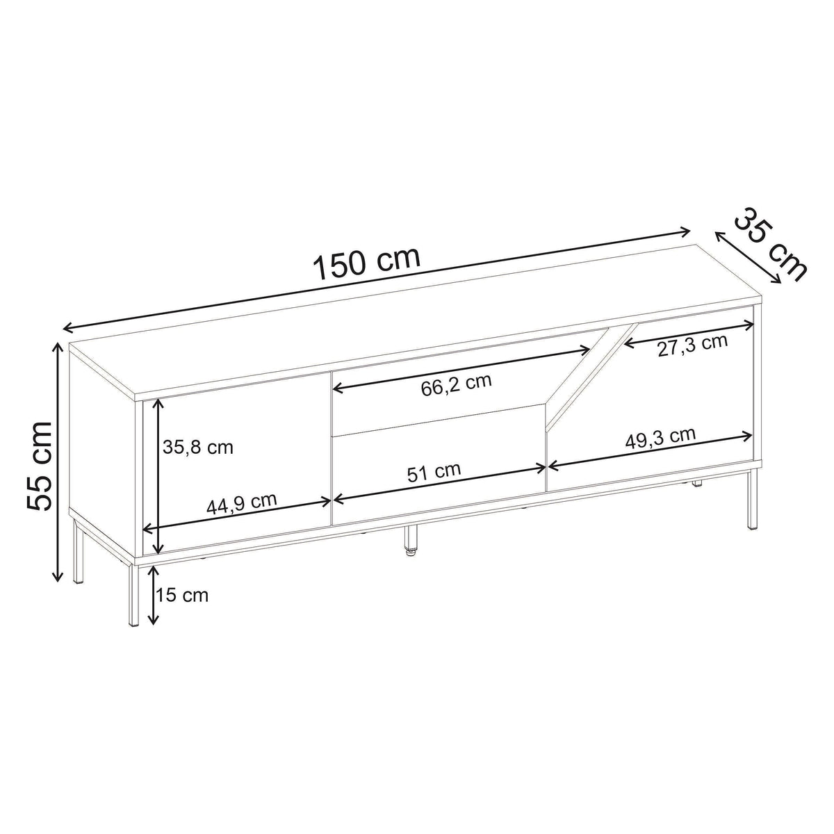 Meuble TV moderne Vesco avec 3 portes de rangement 150cm