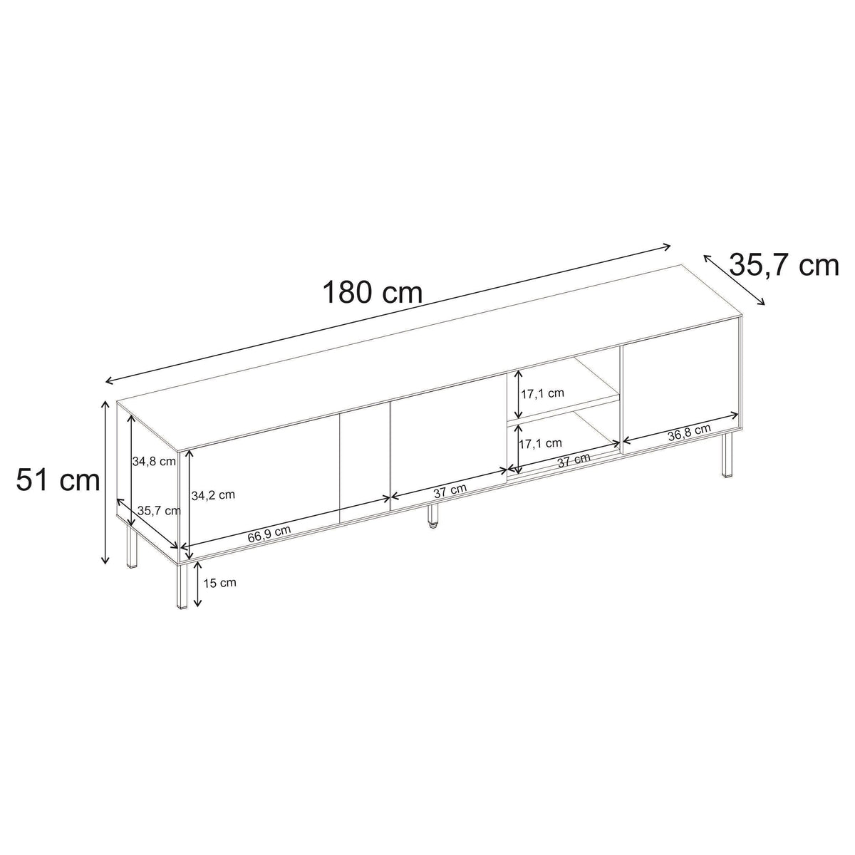Meuble TV Vena 3 Portes - Étagères Ouvertes 180 cm