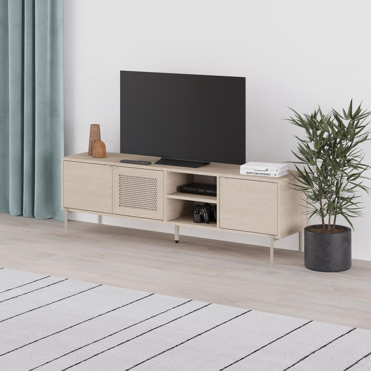 Meuble TV moderne Inca avec porte découpée au laser Chêne Sonoma 164 cm