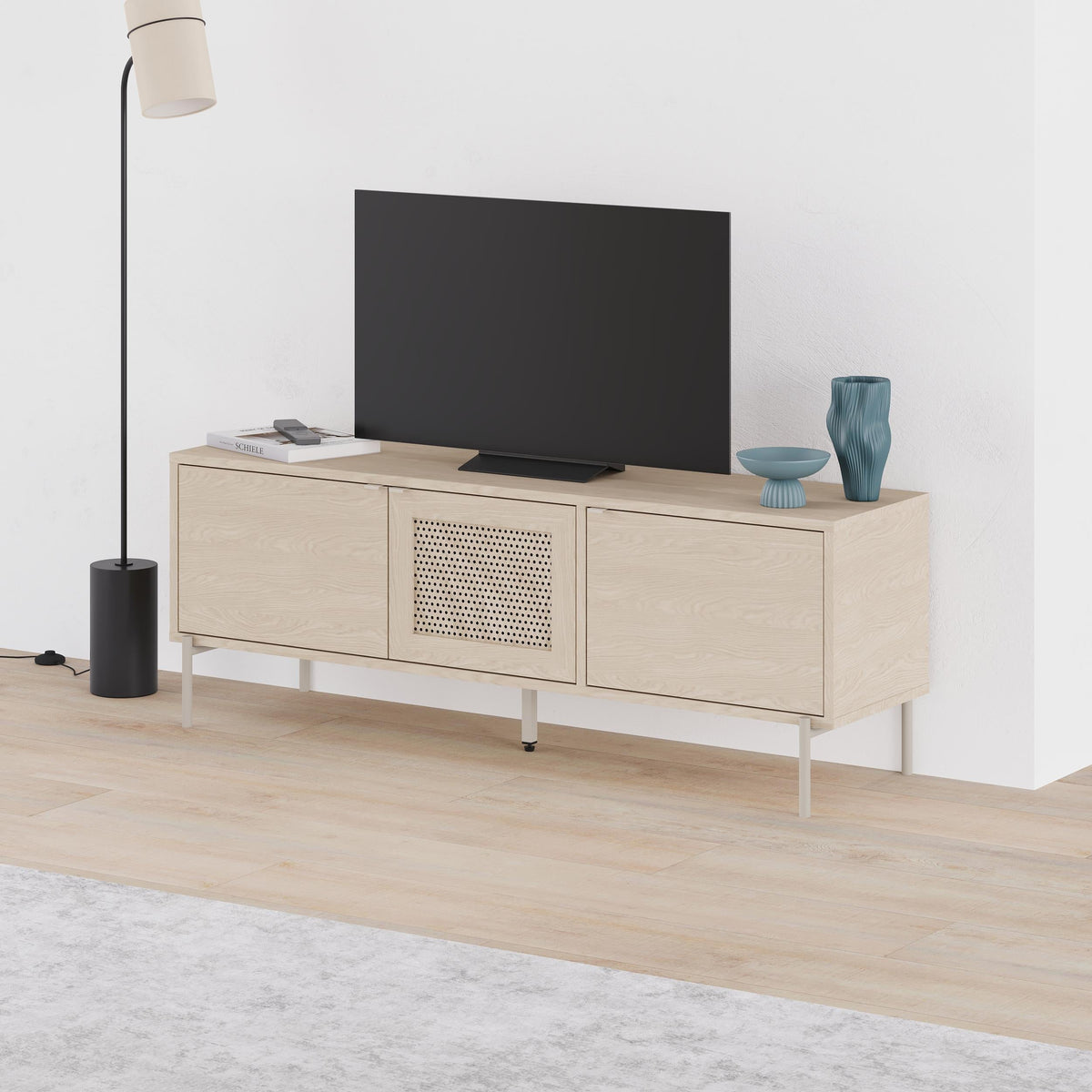Meuble TV moderne Inca avec porte découpée au laser Chêne Sonoma 140 cm