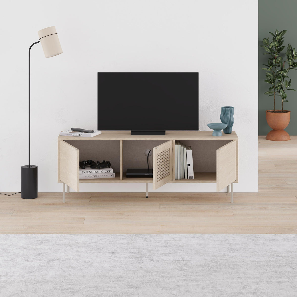 Meuble TV moderne Inca avec porte découpée au laser Chêne Sonoma 140 cm