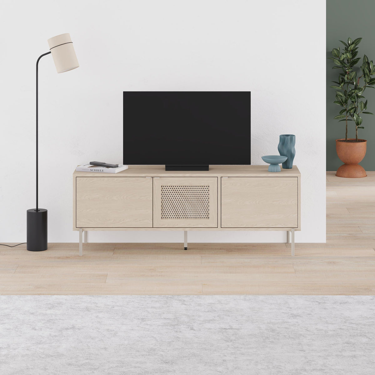 Meuble TV moderne Inca avec porte découpée au laser Chêne Sonoma 140 cm