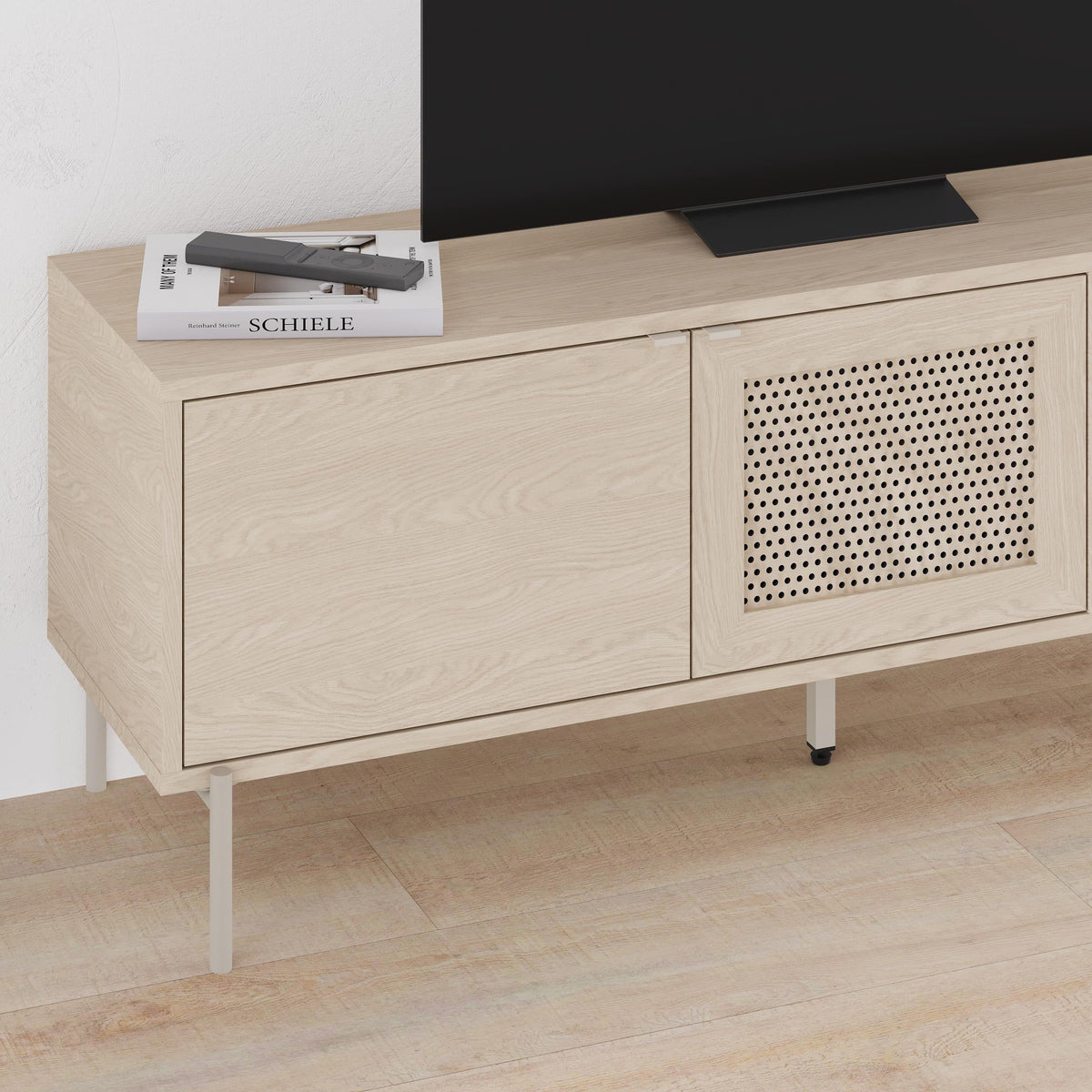 Meuble TV moderne Inca avec porte découpée au laser Chêne Sonoma 140 cm
