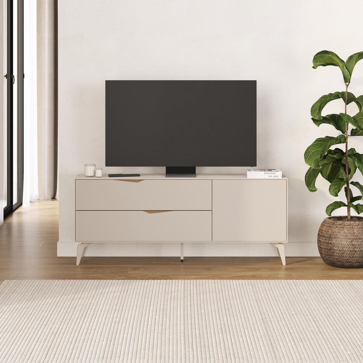 Meuble TV Jaden 2 tiroirs 1 porte, couleur sable, 150 x 35 x 61 cm