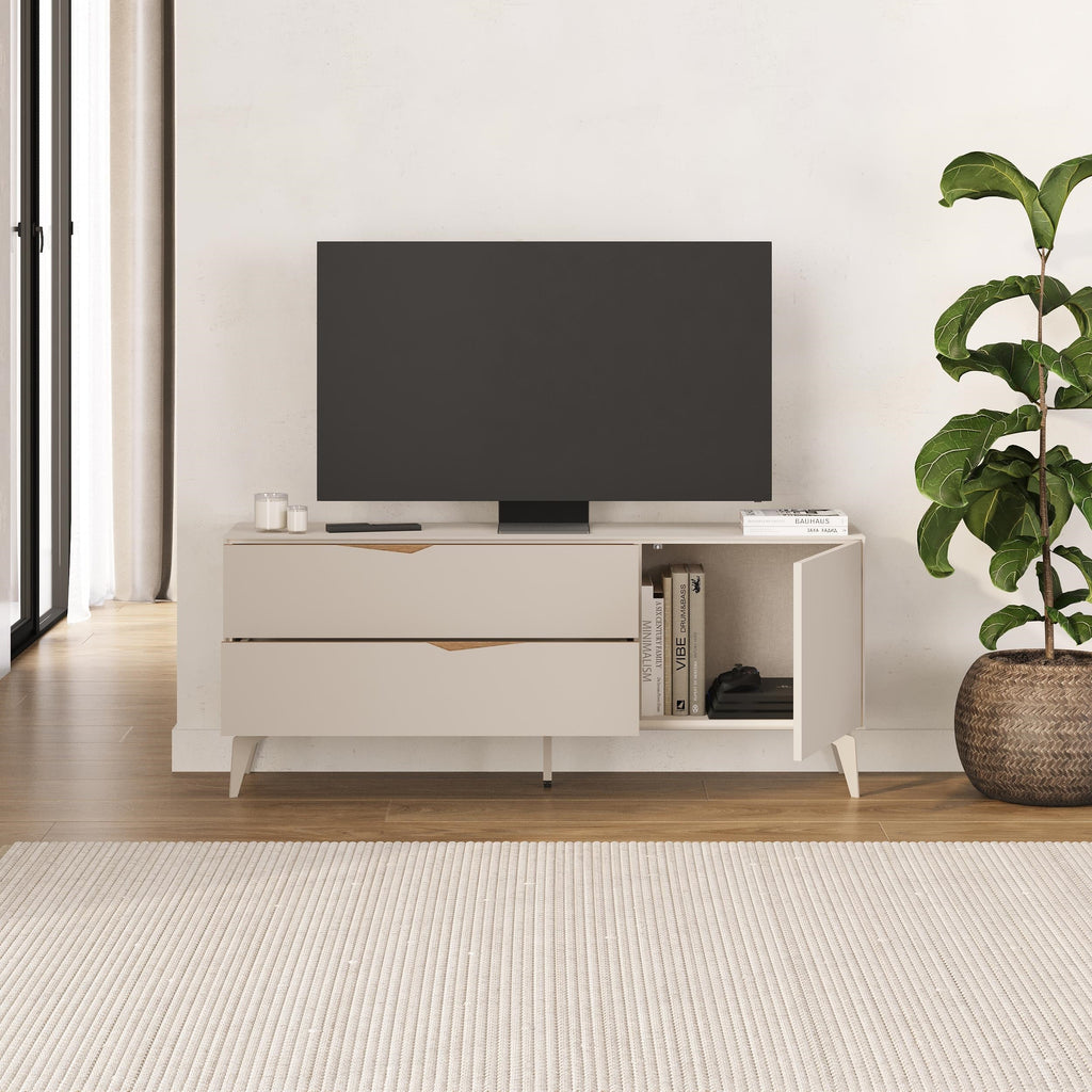Meuble TV Jaden 2 tiroirs 1 porte, couleur sable, 150 x 35 x 61 cm