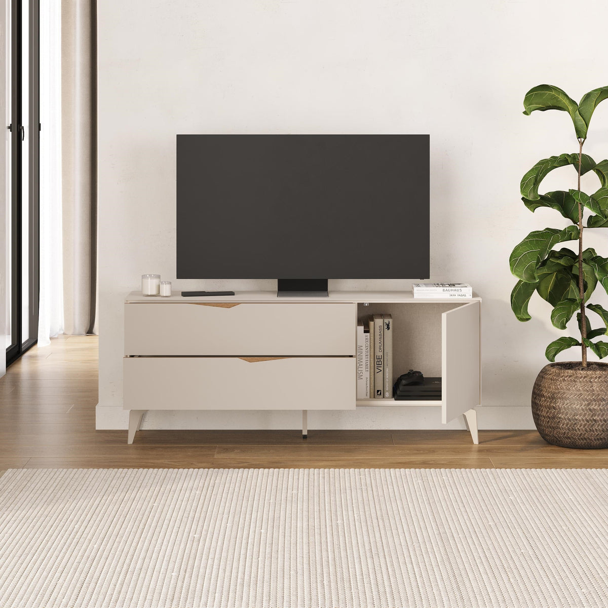 Meuble TV Jaden 2 tiroirs 1 porte, couleur sable, 150 x 35 x 61 cm