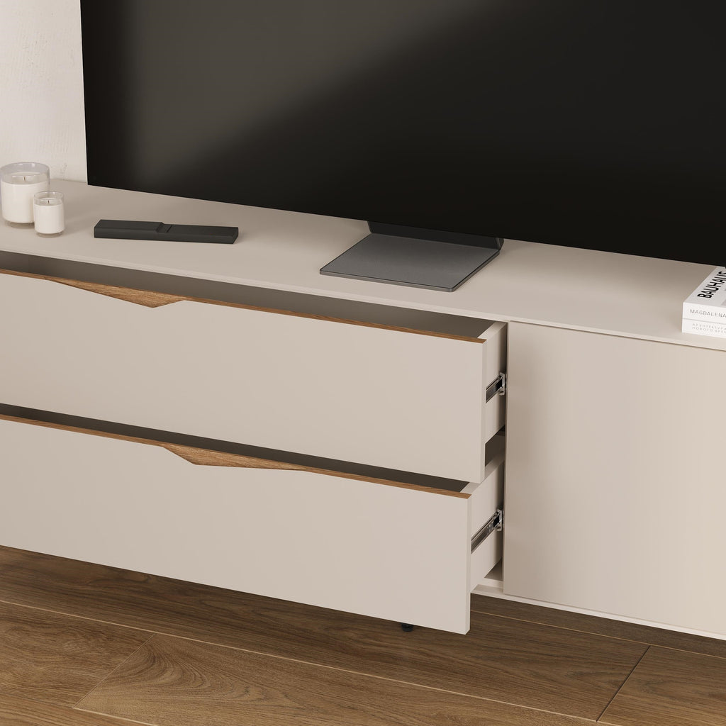 Meuble TV Jaden 2 tiroirs 1 porte, couleur sable, 150 x 35 x 61 cm