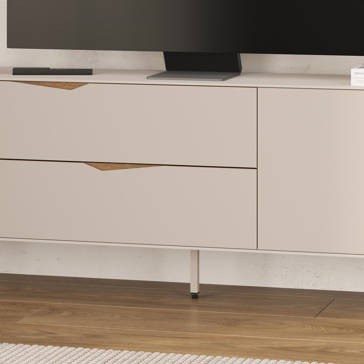 Meuble TV Jaden 2 tiroirs 1 porte, couleur sable, 150 x 35 x 61 cm