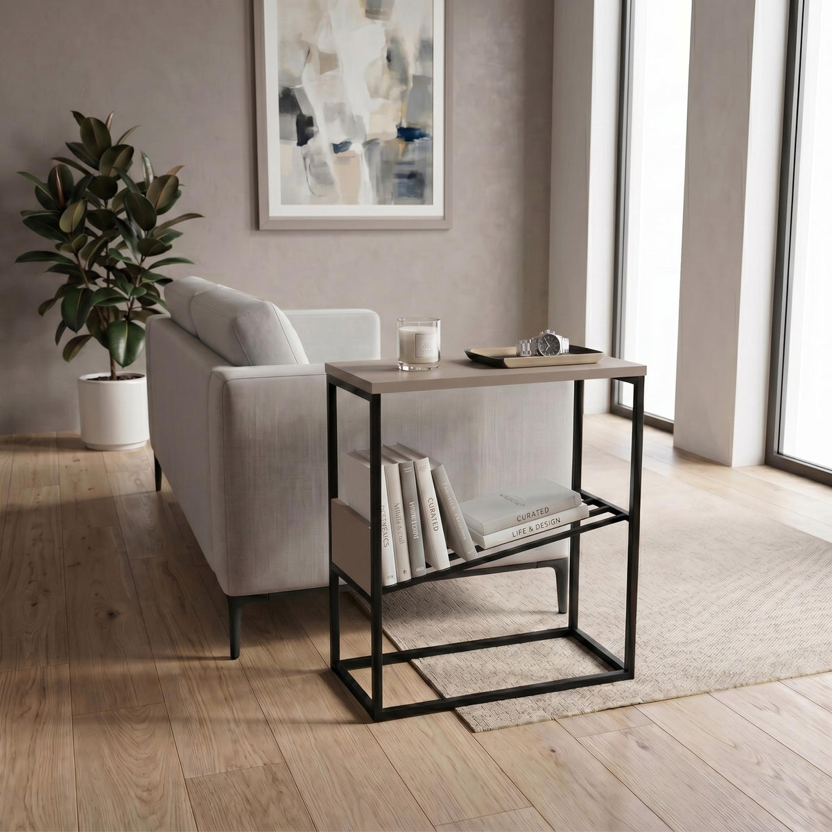 Table d'appoint moderne Tenol avec étagère inclinée en métal