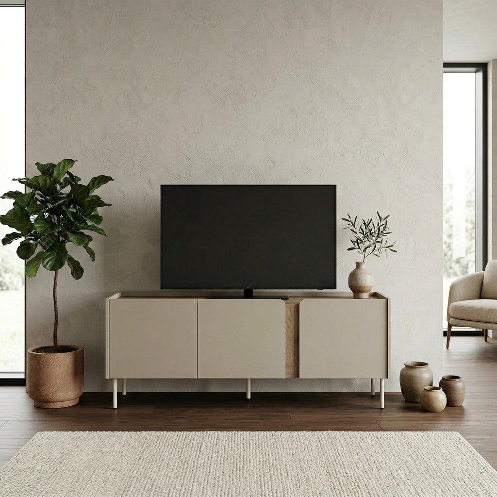 Meuble TV Norm 3 portes Chêne naturel-Grès 140 cm