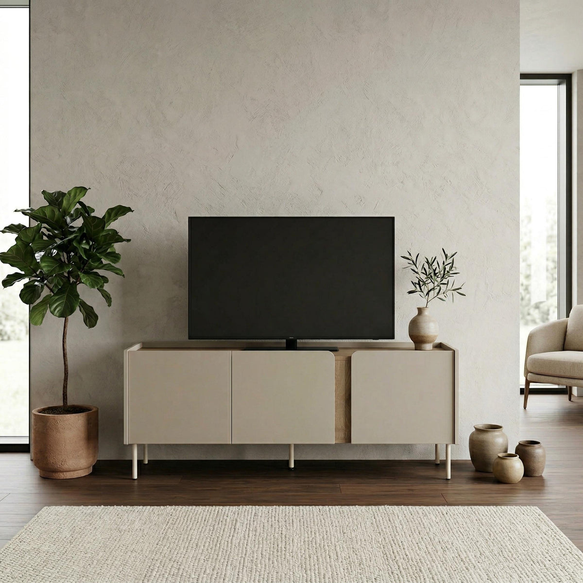 Meuble TV Norm 3 portes Chêne naturel-Grès 140 cm