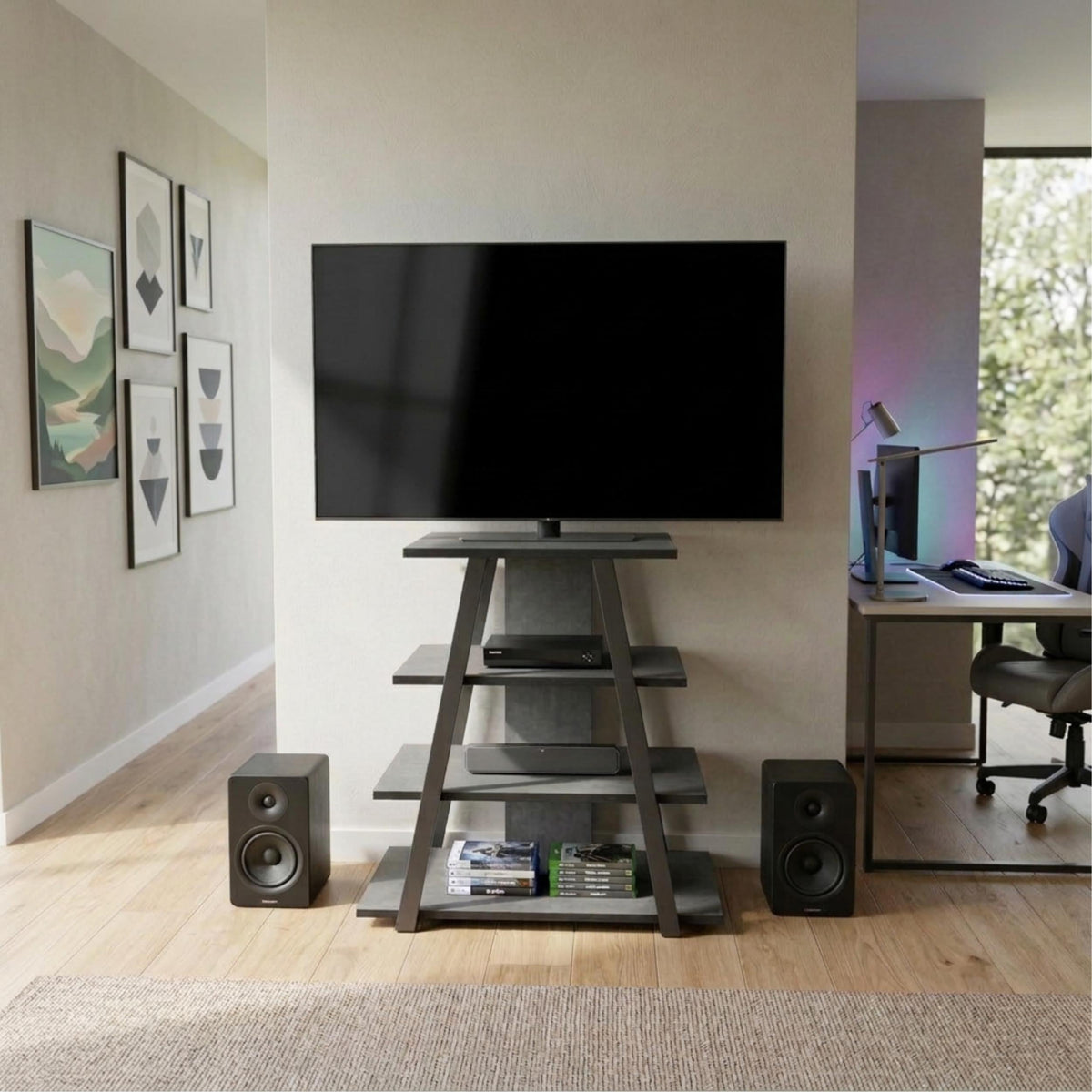 Meuble TV Lyno d'angle avec étagères ouvertes