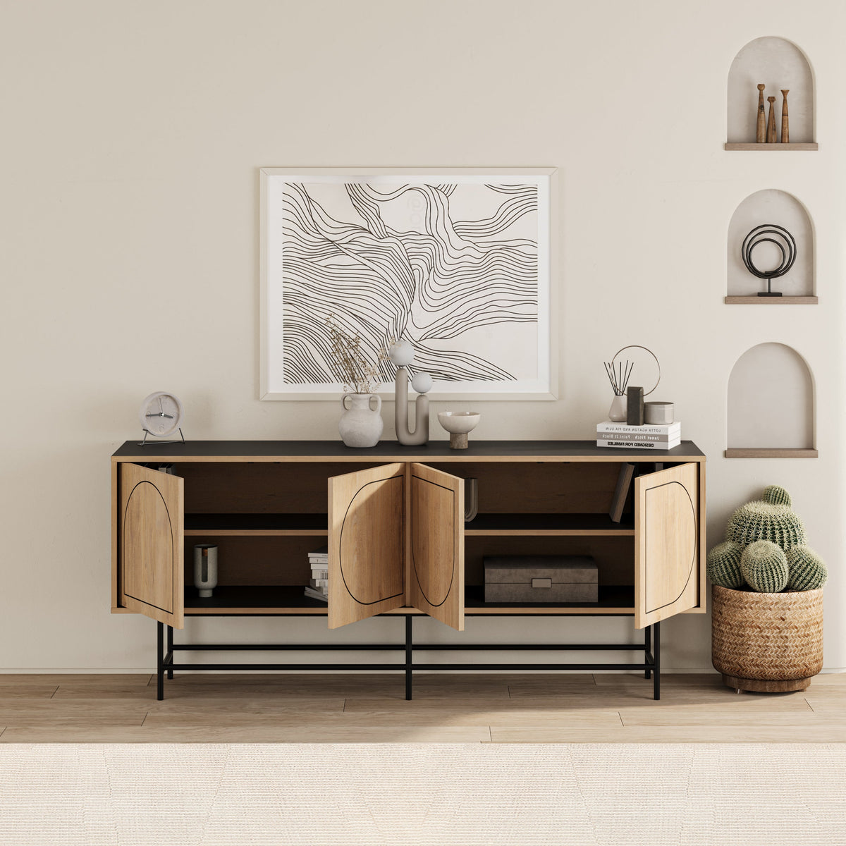 Console enfilade moderne Joji - Noir soyeux et chêne