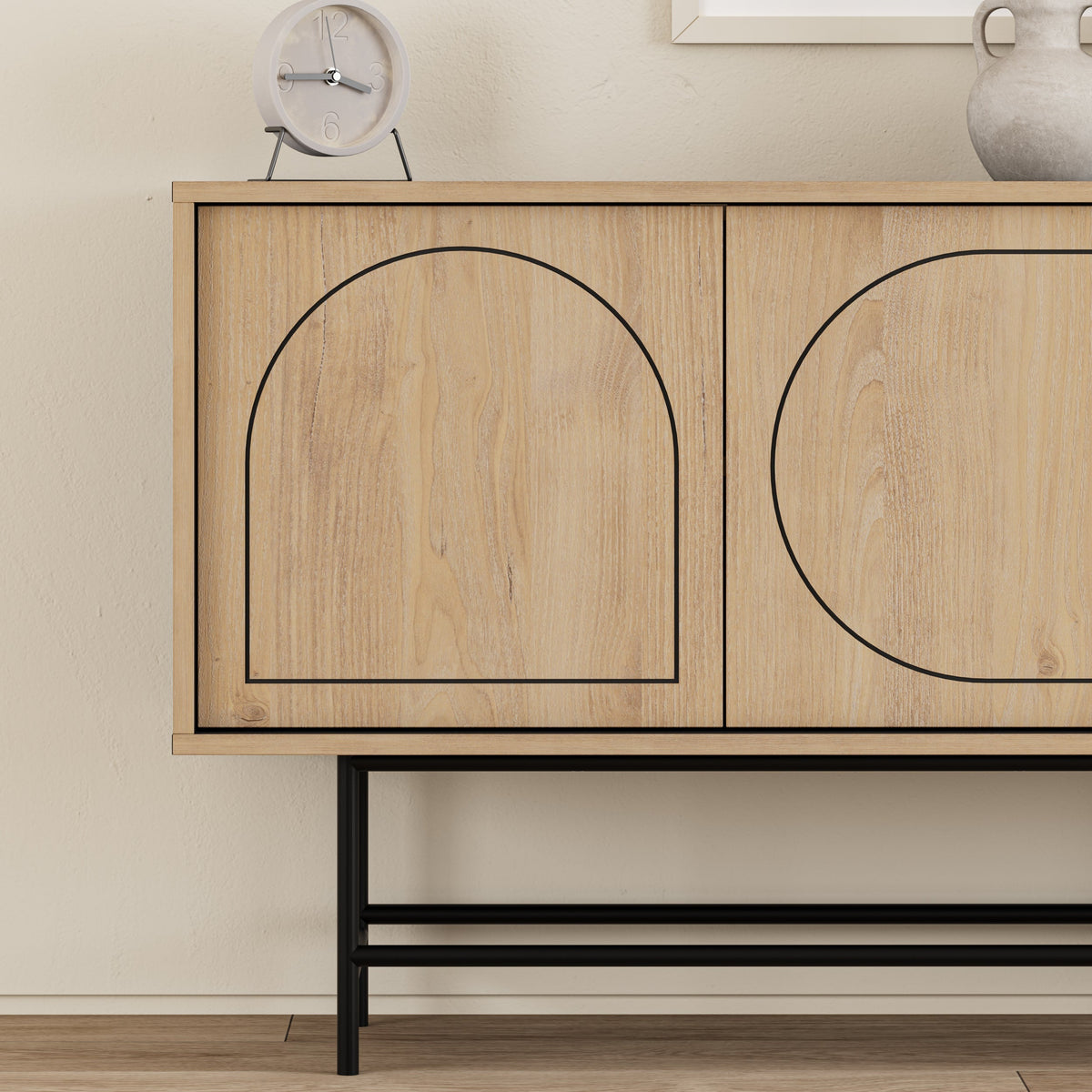 Console enfilade moderne Joji - Noir soyeux et chêne