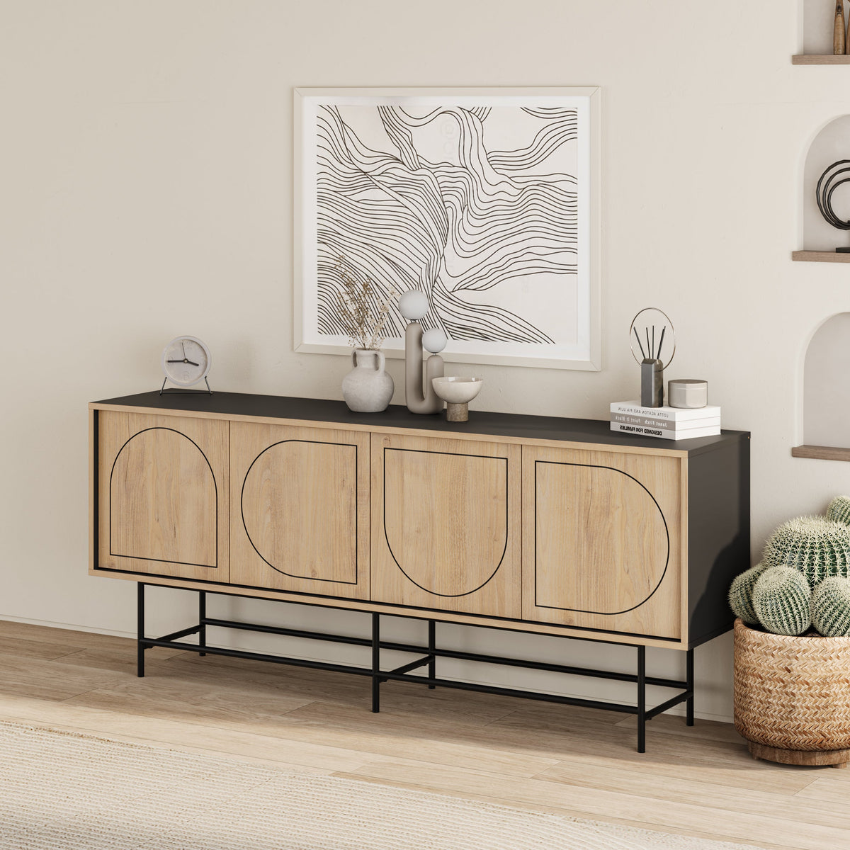 Console enfilade moderne Joji - Noir soyeux et chêne