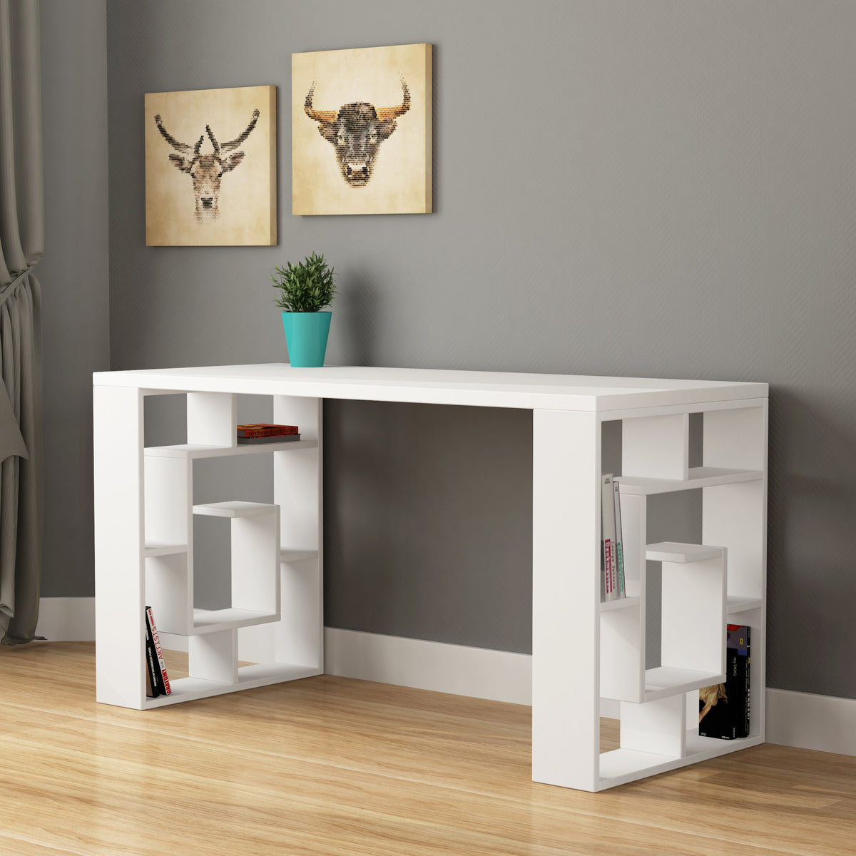 Bureau moderne Labirent avec pieds étagères, largeur 137 cm