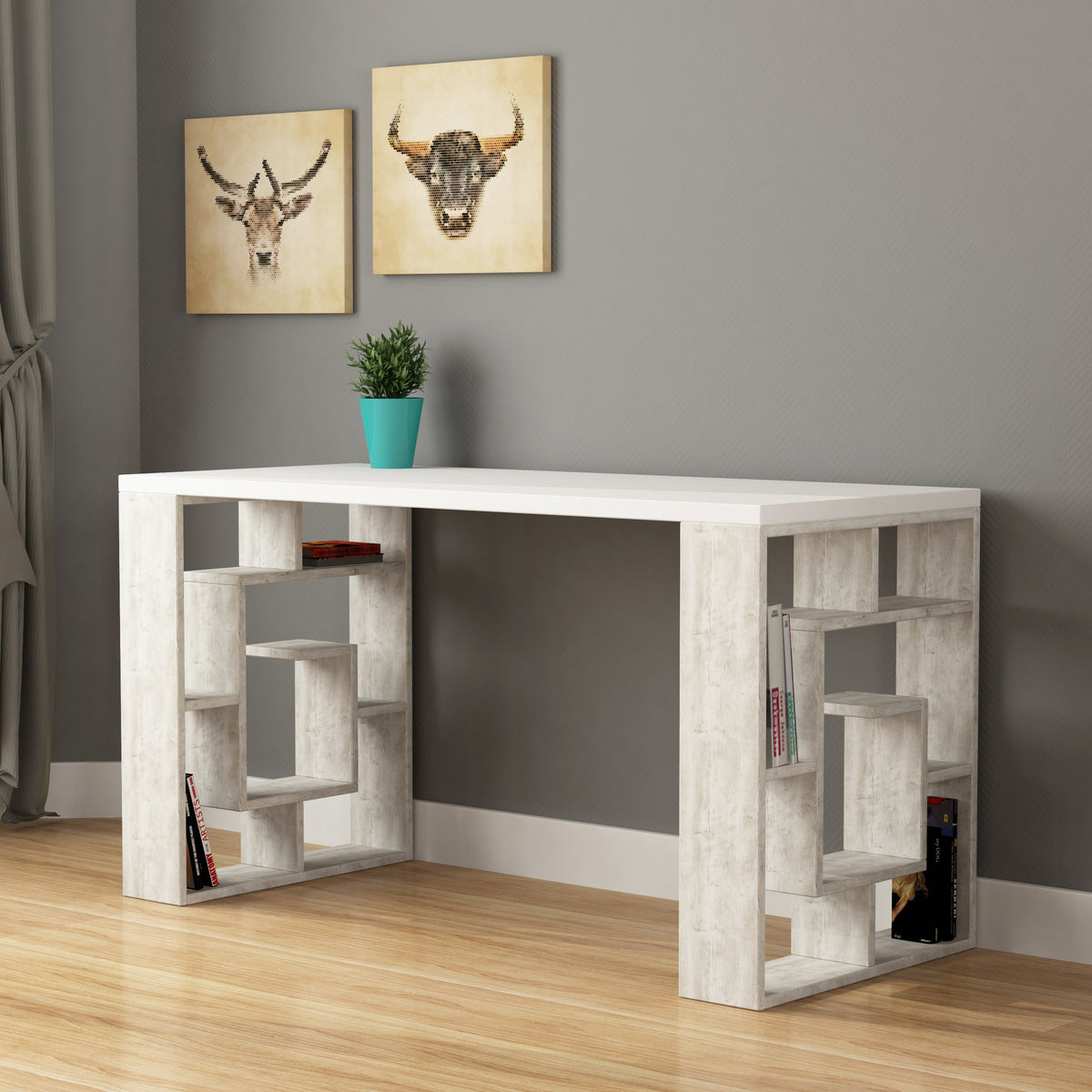 Bureau moderne Labirent avec pieds étagères, largeur 137 cm
