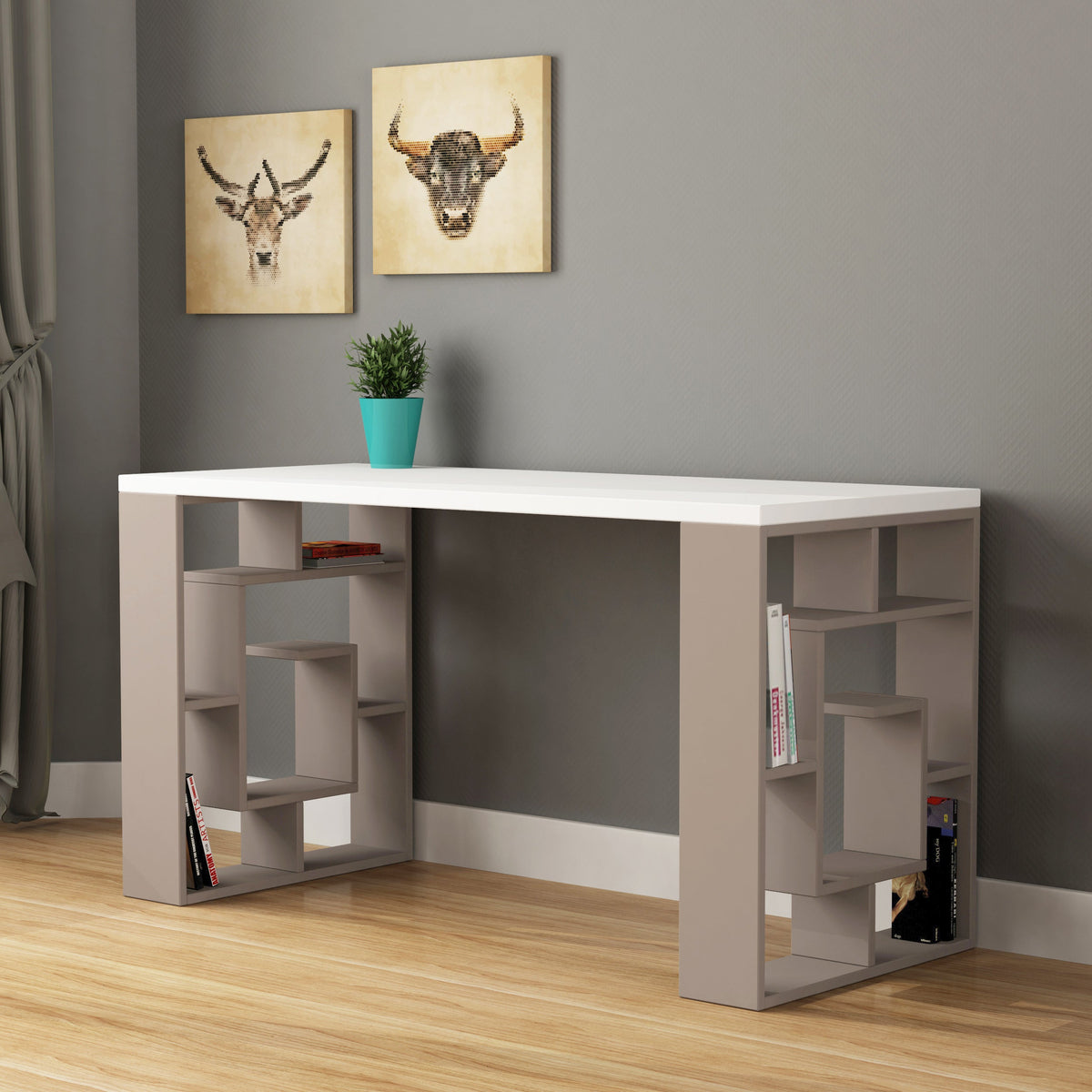 Bureau moderne Labirent avec pieds étagères, largeur 137 cm