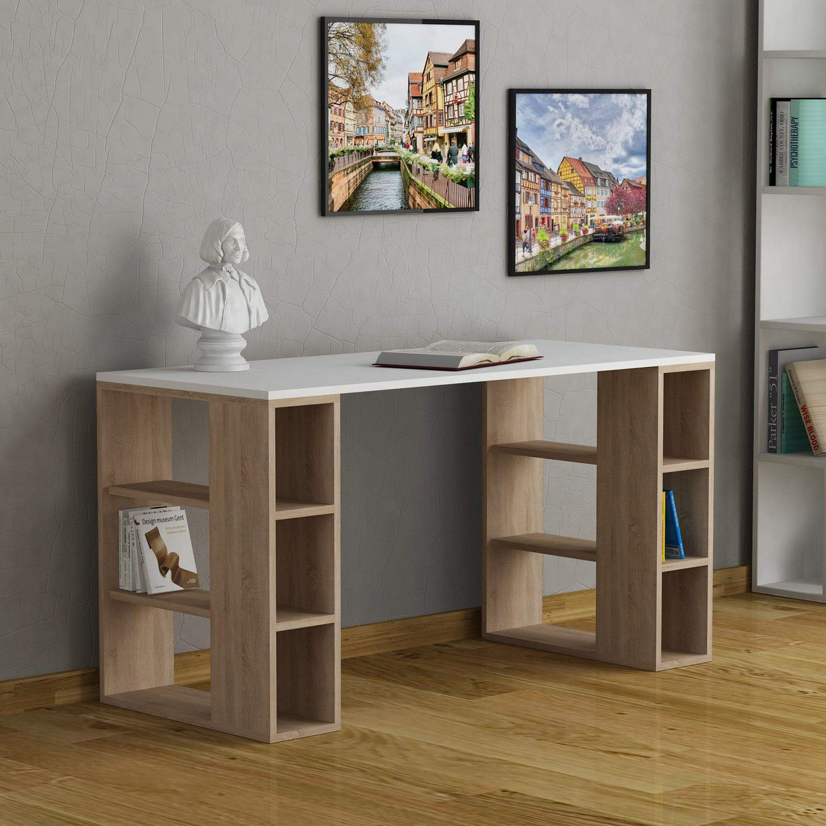 Ensemble bureau à domicile : Bureau Colmar 140cm + Lampe Black Bird + Panier en raphia