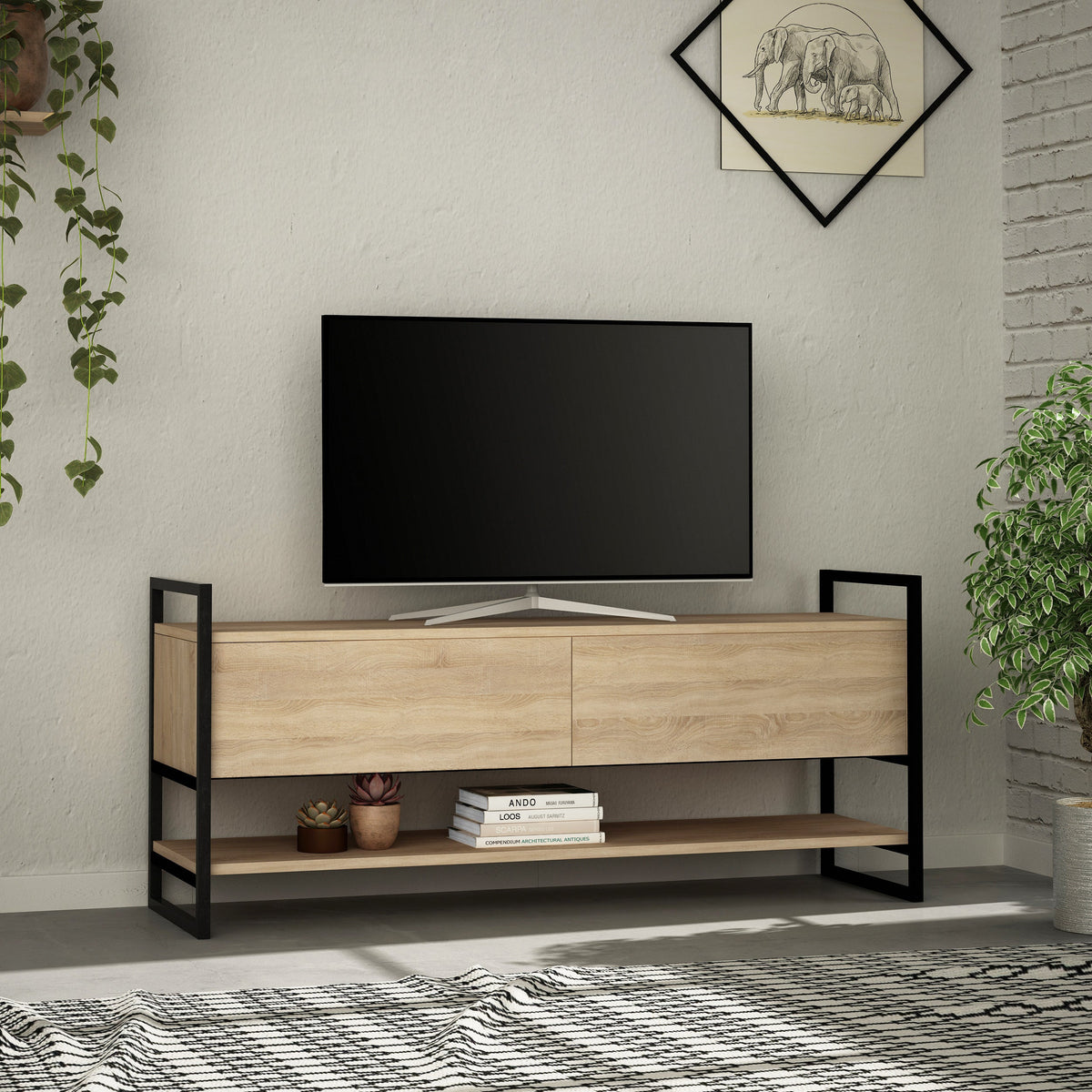 Meuble TV Metola moderne, meuble multimédia, meuble TV avec rangement 130 cm