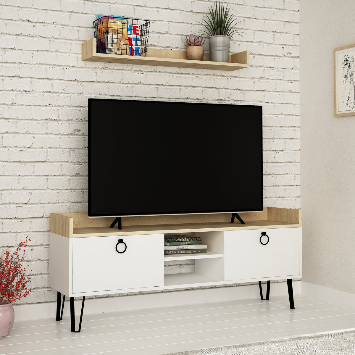 Meuble TV moderne Keday avec étagère murale 140 cm
