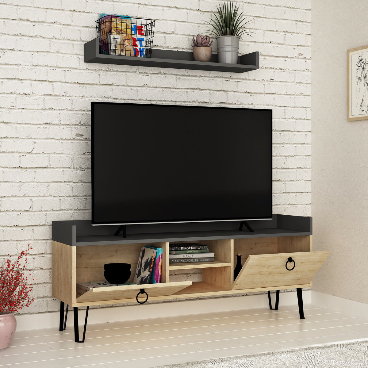 Meuble TV moderne Keday avec étagère murale 140 cm