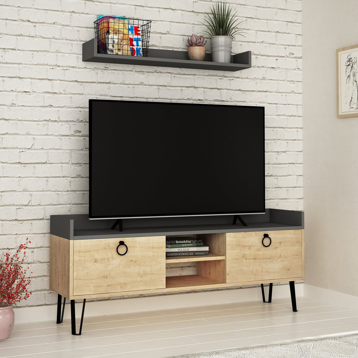 Meuble TV moderne Keday avec étagère murale 140 cm