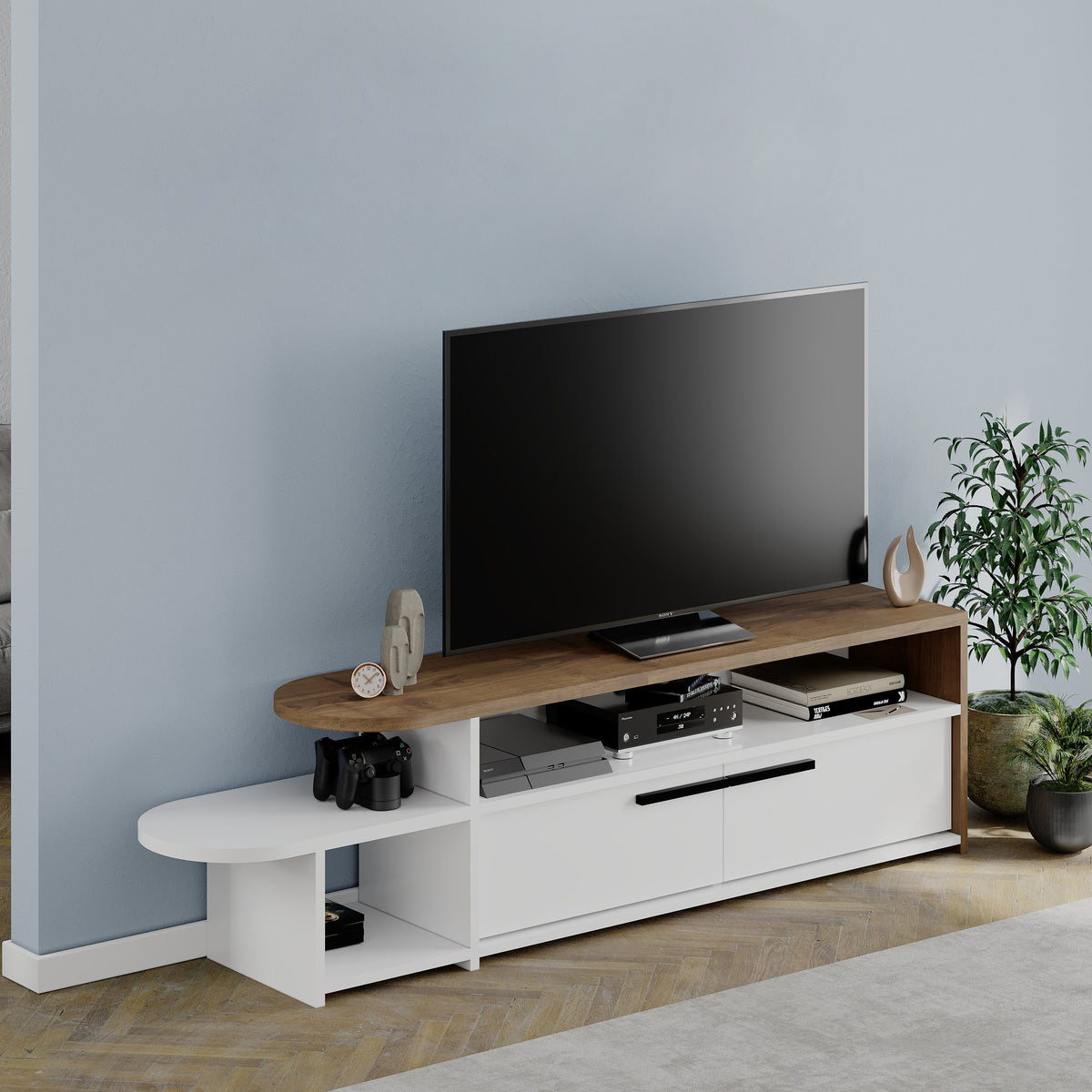 Meuble TV moderne Lyra, centre multimédia, meuble TV avec rangement, 167 cm