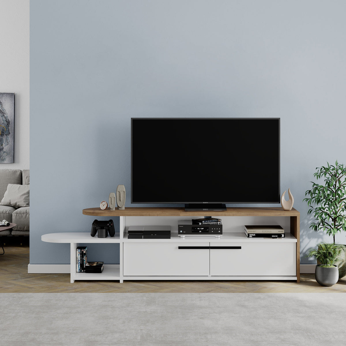 Meuble TV moderne Lyra, centre multimédia, meuble TV avec rangement, 167 cm
