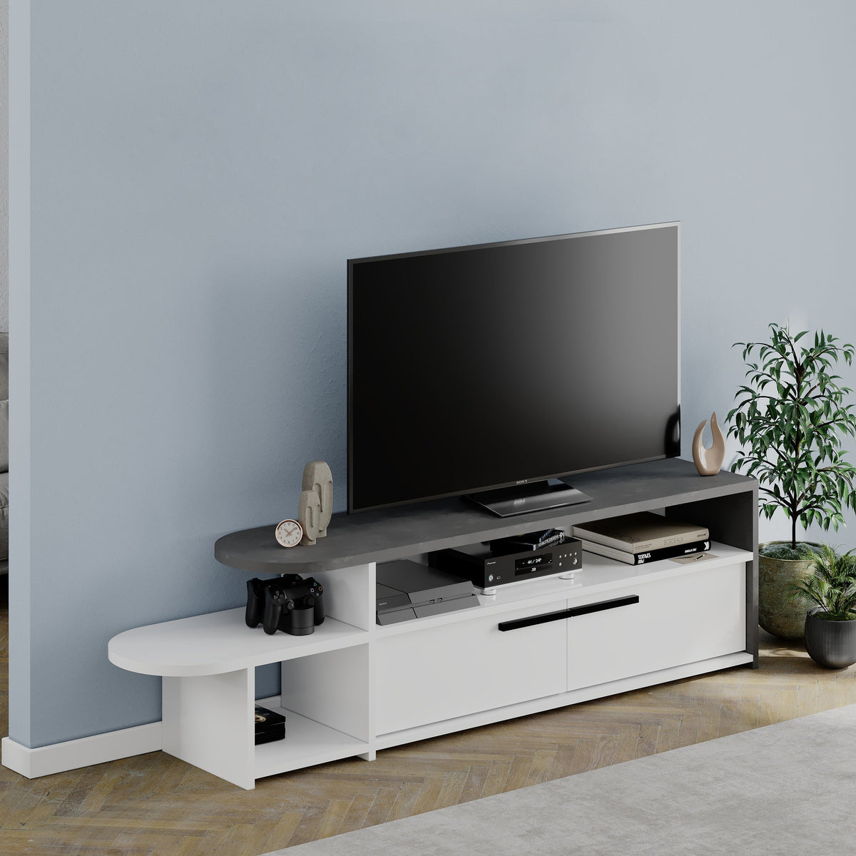 Meuble TV moderne Lyra, centre multimédia, meuble TV avec rangement, 167 cm