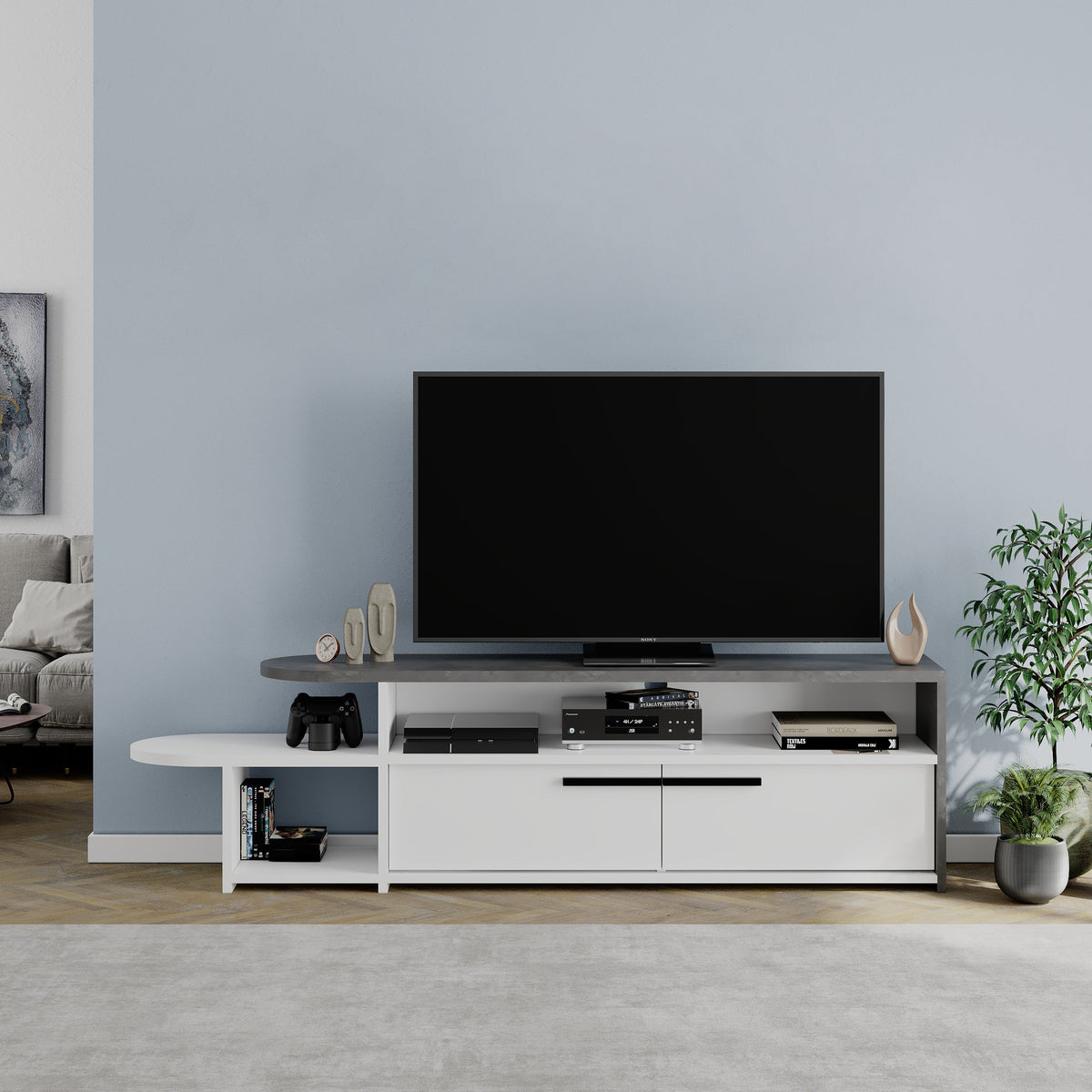 Meuble TV moderne Lyra, centre multimédia, meuble TV avec rangement, 167 cm