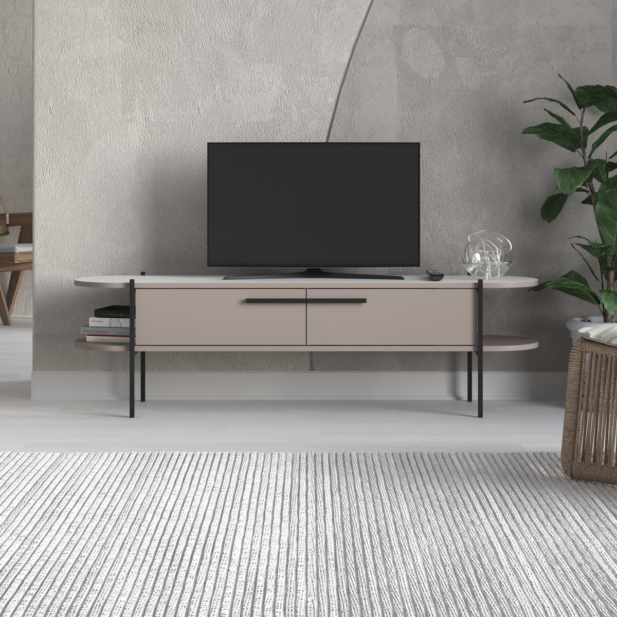 Meuble TV moderne Otis, meuble multimédia, pieds en métal, rangement, 160 cm